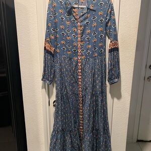 Free People Blue Tiered Sundress with Bishop Sleeves